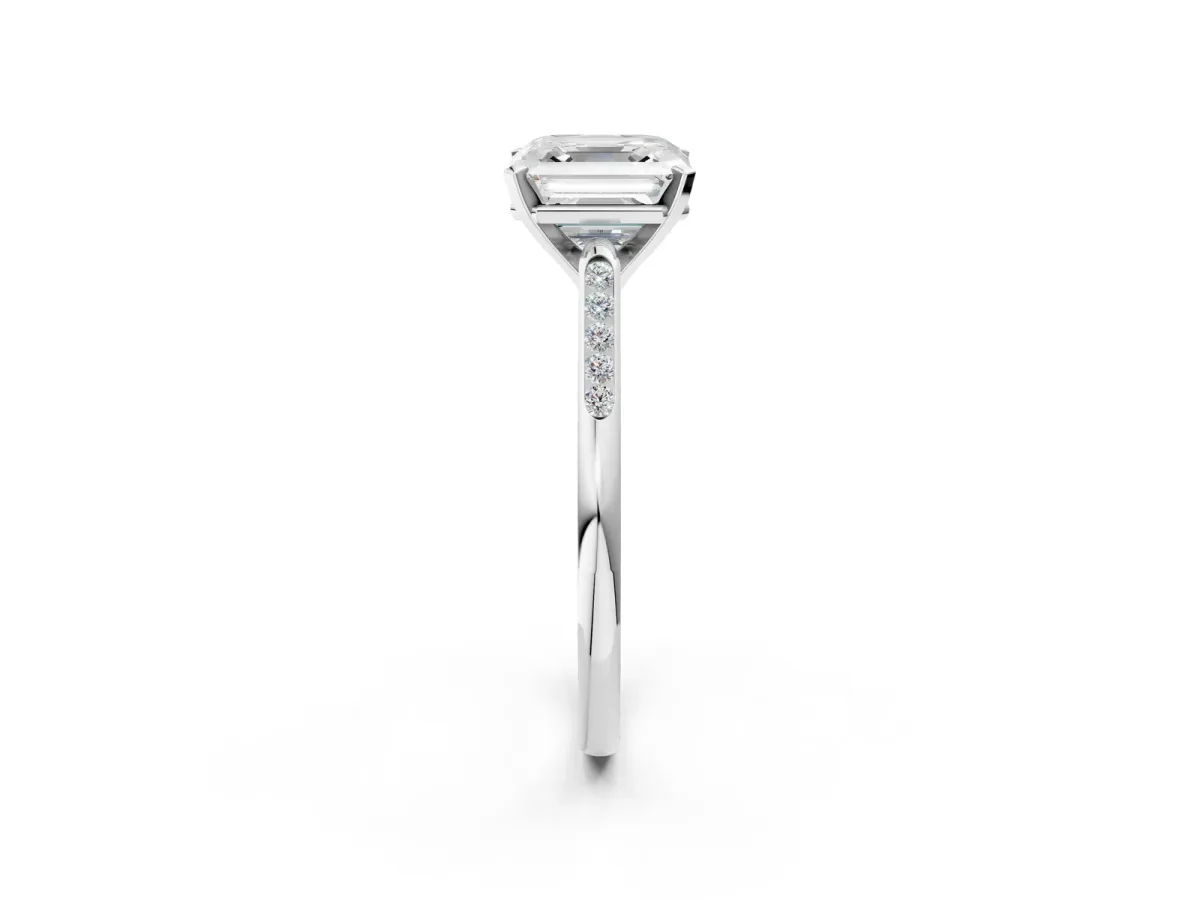 Asscher Cut Diamond Solitaire Ring with Channel Set Round Band and Prong Setting Silver