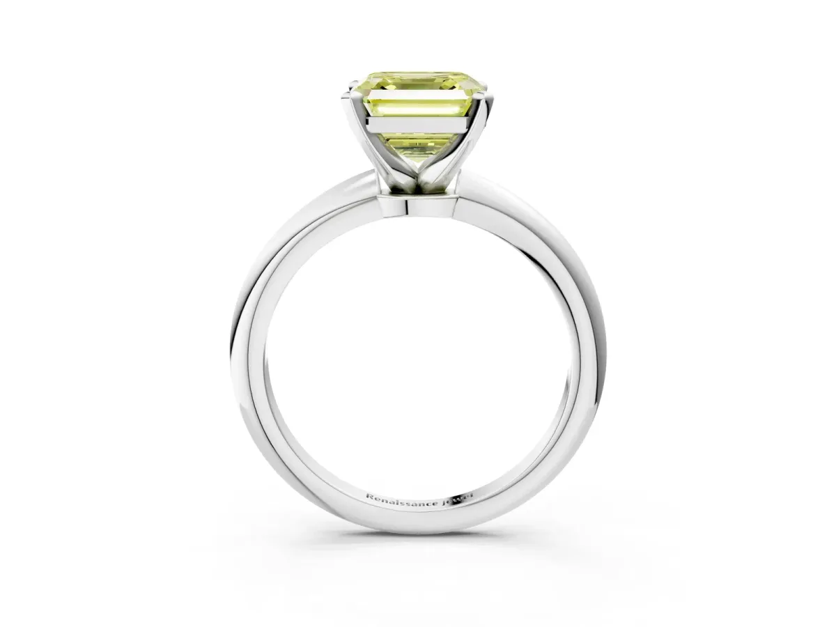 Fancy Yellow Asscher Cut Diamond Solitaire Ring with Six-Prong Setting and Classic Band Silver