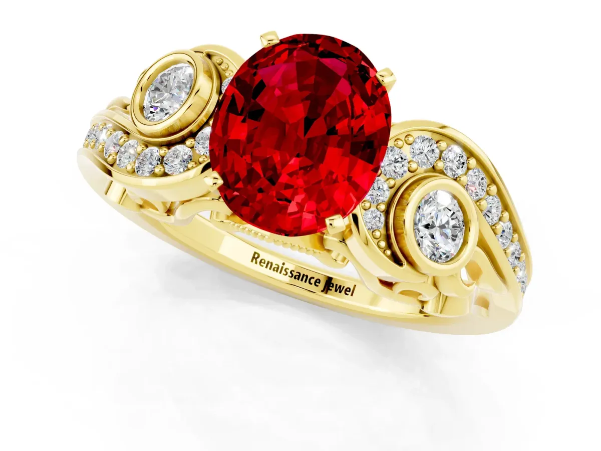 Oval Cut Ruby Solitaire Ring with Milgrain Pavé Band and Four-Prong Setting Yellow gold