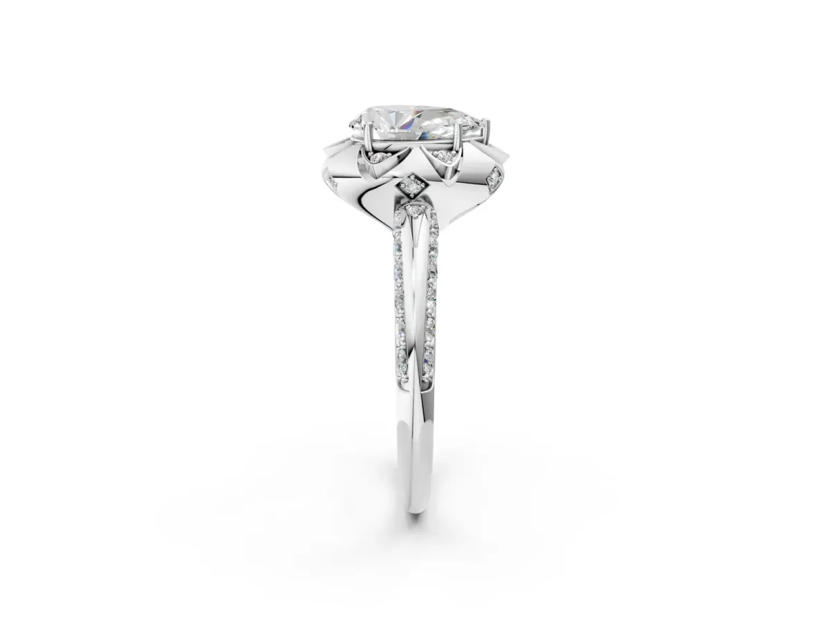 Pear Cut Halo Split Shank Pave Diamond Ring with Petal Prong Setting Platinum