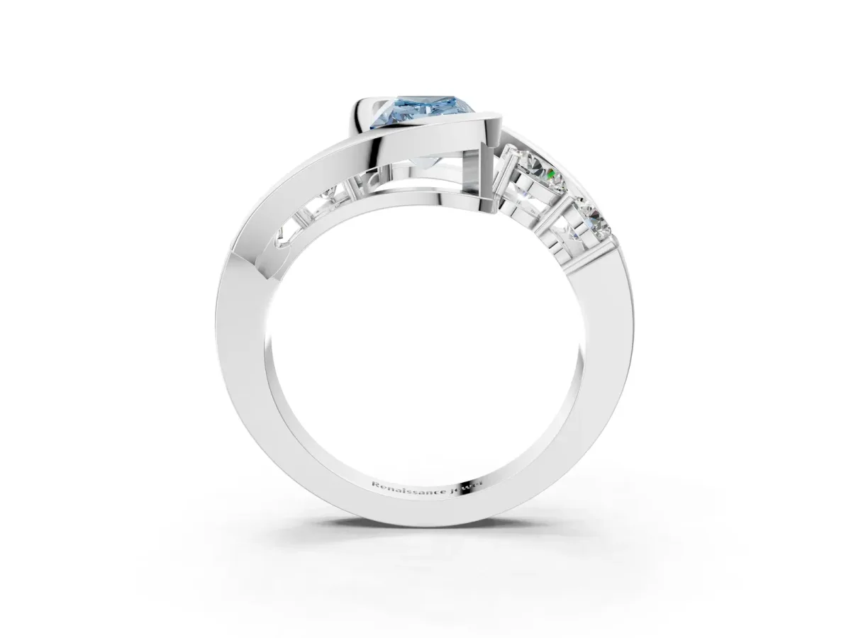 Fancy Blue Bezel Set Radiant Cut Diamond Bypass Ring with Round Accents Silver