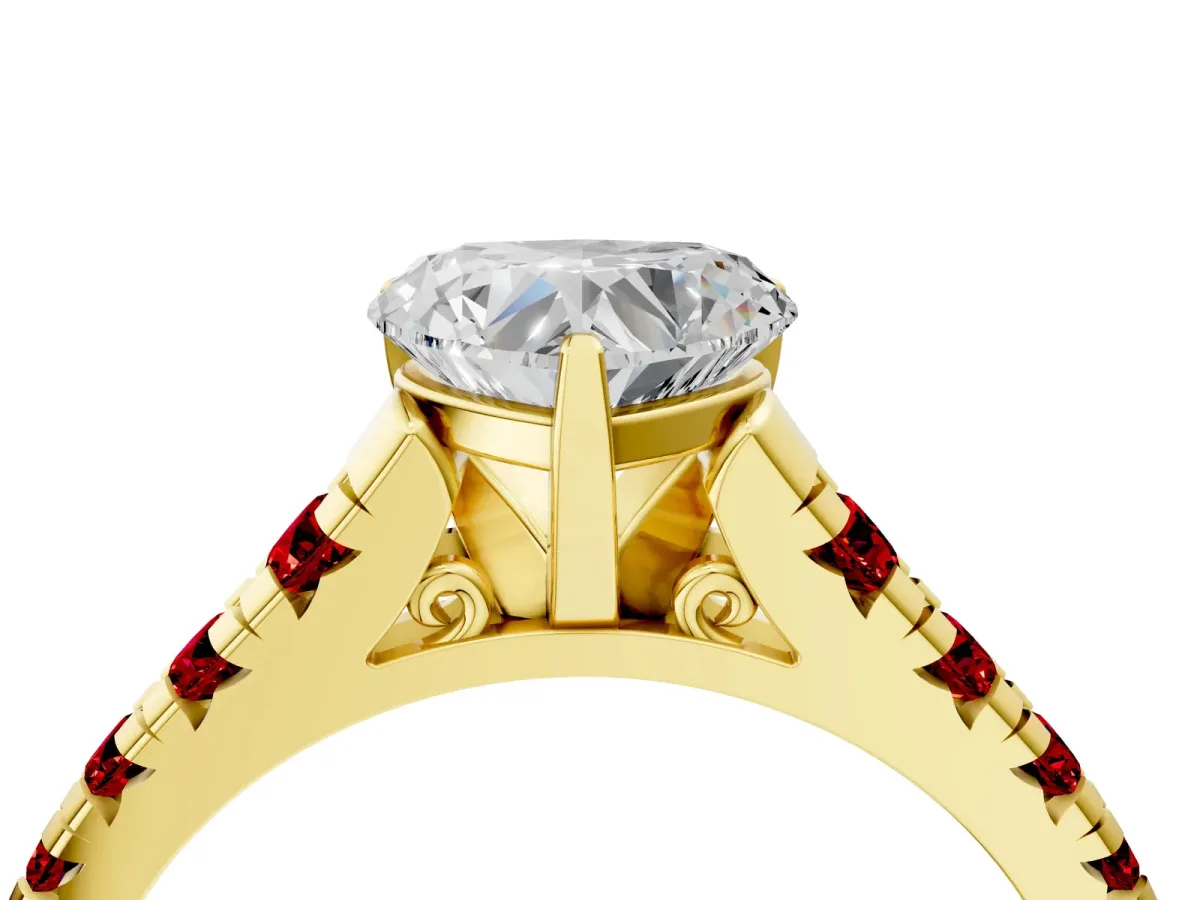 Heart Cut Diamond Cathedral Solitaire Ring with Round Ruby Pavé Band Yellow gold
