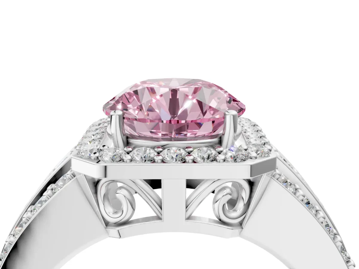 Fancy Pink Round Cut Halo Diamond Ring with Round Split Shank and Prong Setting Silver