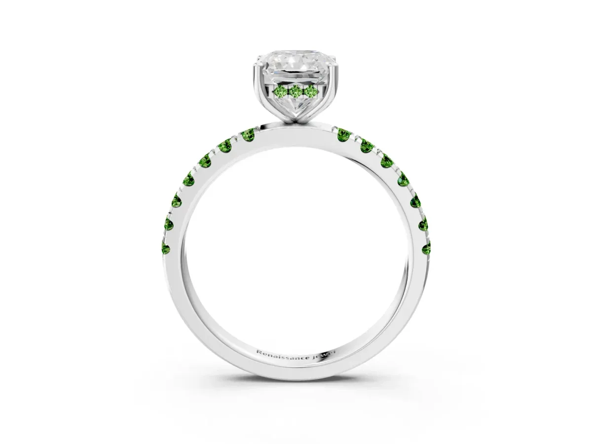 Radiant Cut Diamond Pave Band Solitaire Ring with Round Peridot and Prong Setting Silver