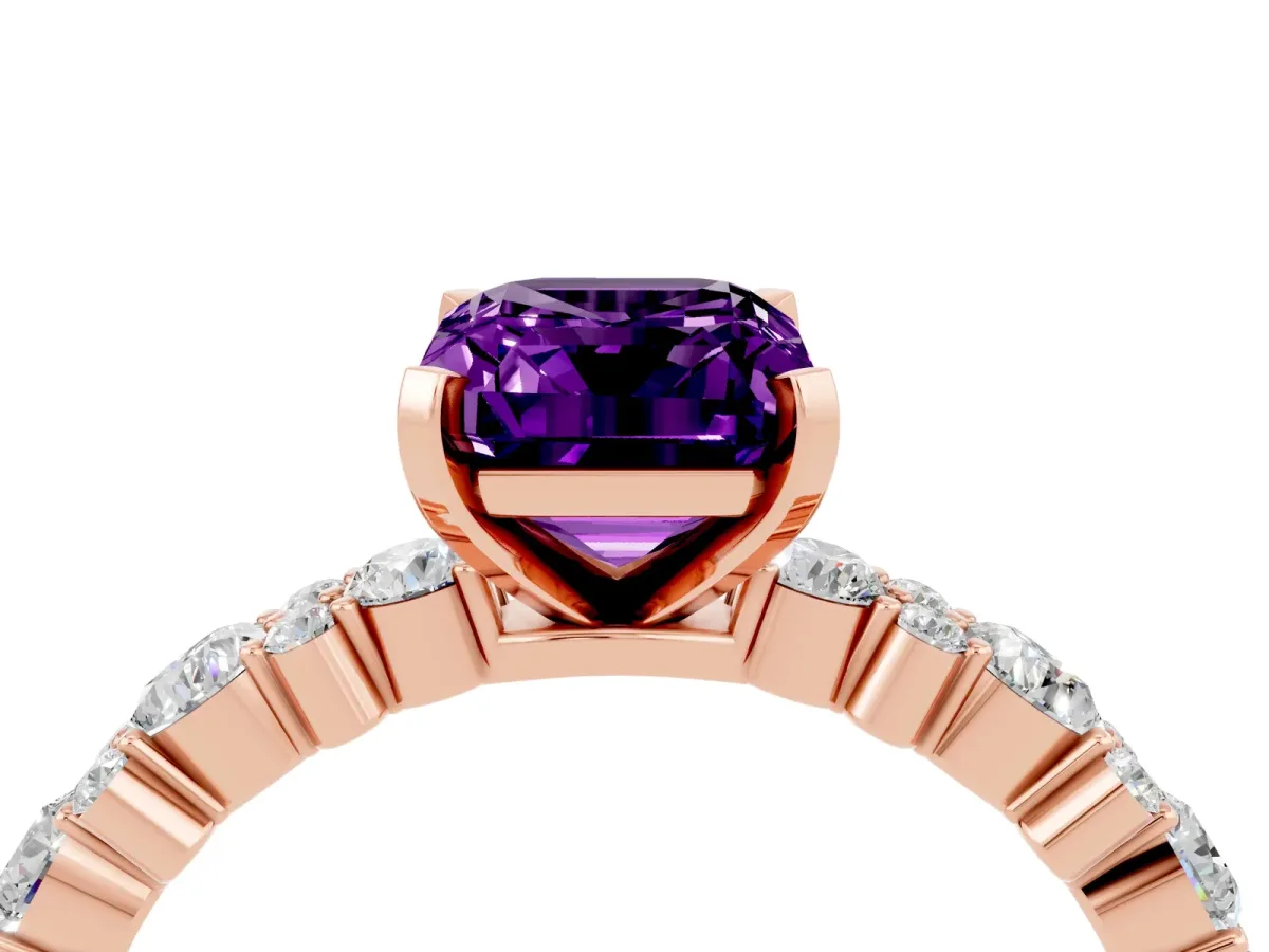 Emerald Cut Amethyst Side Stone Solitaire Ring with Round and Four-Prong Setting Rose gold