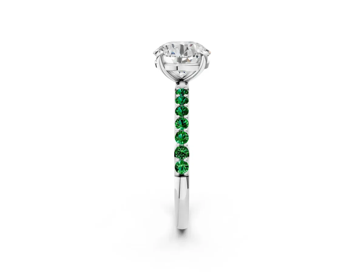 Round Cut Diamond Solitaire Ring with Round Emerald Pavé Band and Prong Setting Platinum