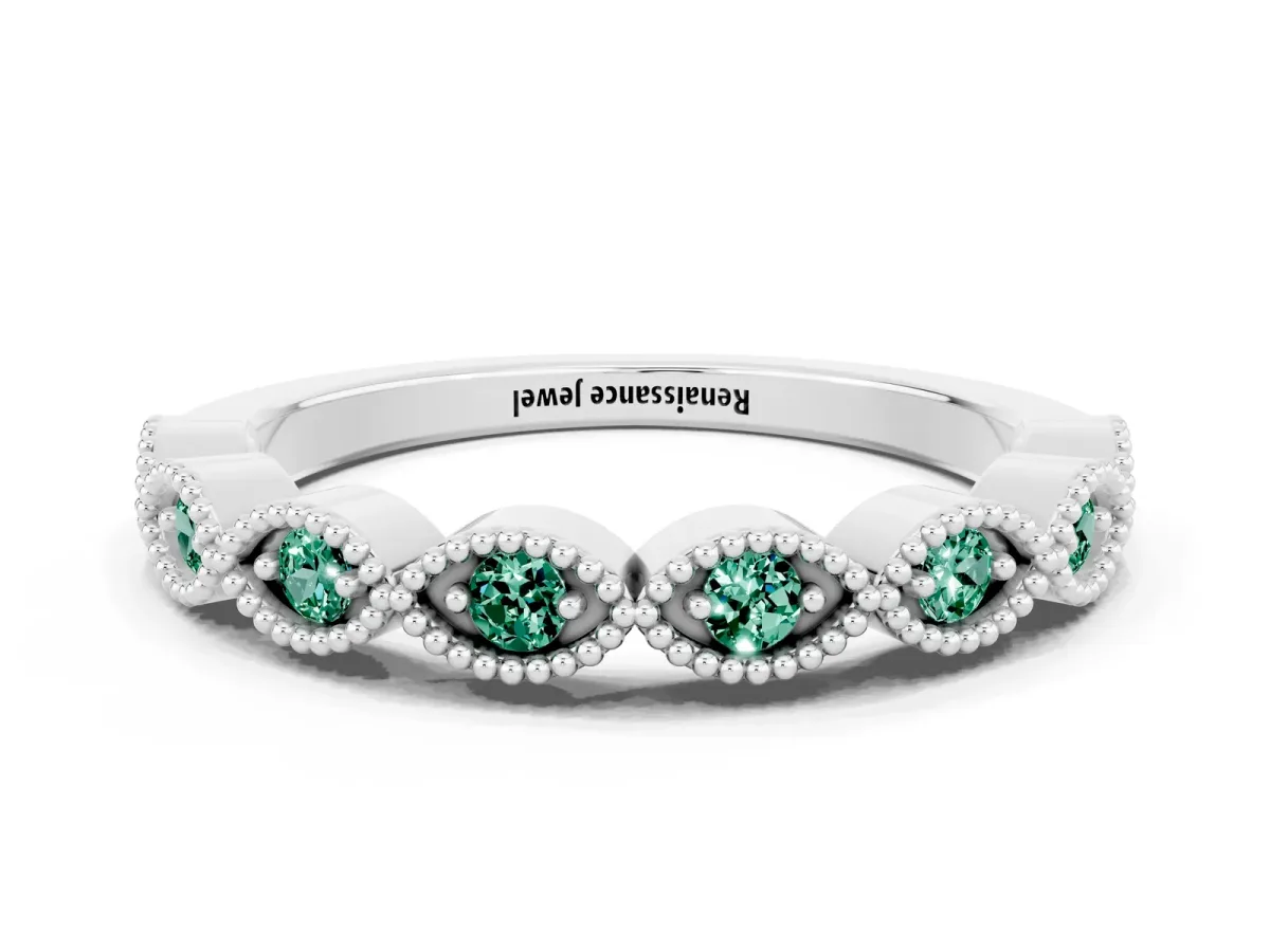 Milgrain Marquise Green Sapphire Half Eternity Band with Bezel Setting Platinum