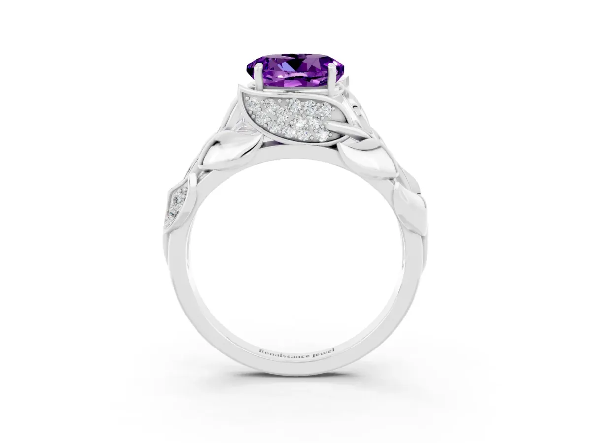 Round Cut Amethyst Leaf-Inspired Engagement Ring with Round Accents and Prong Setting Silver
