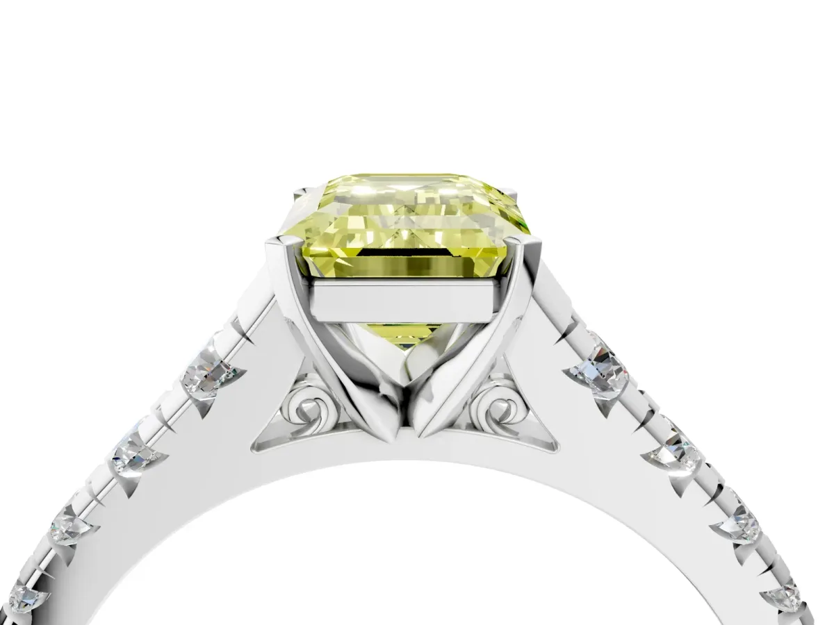Fancy Yellow Emerald Cut Diamond Cathedral Solitaire Ring with Round Pavé Band Silver