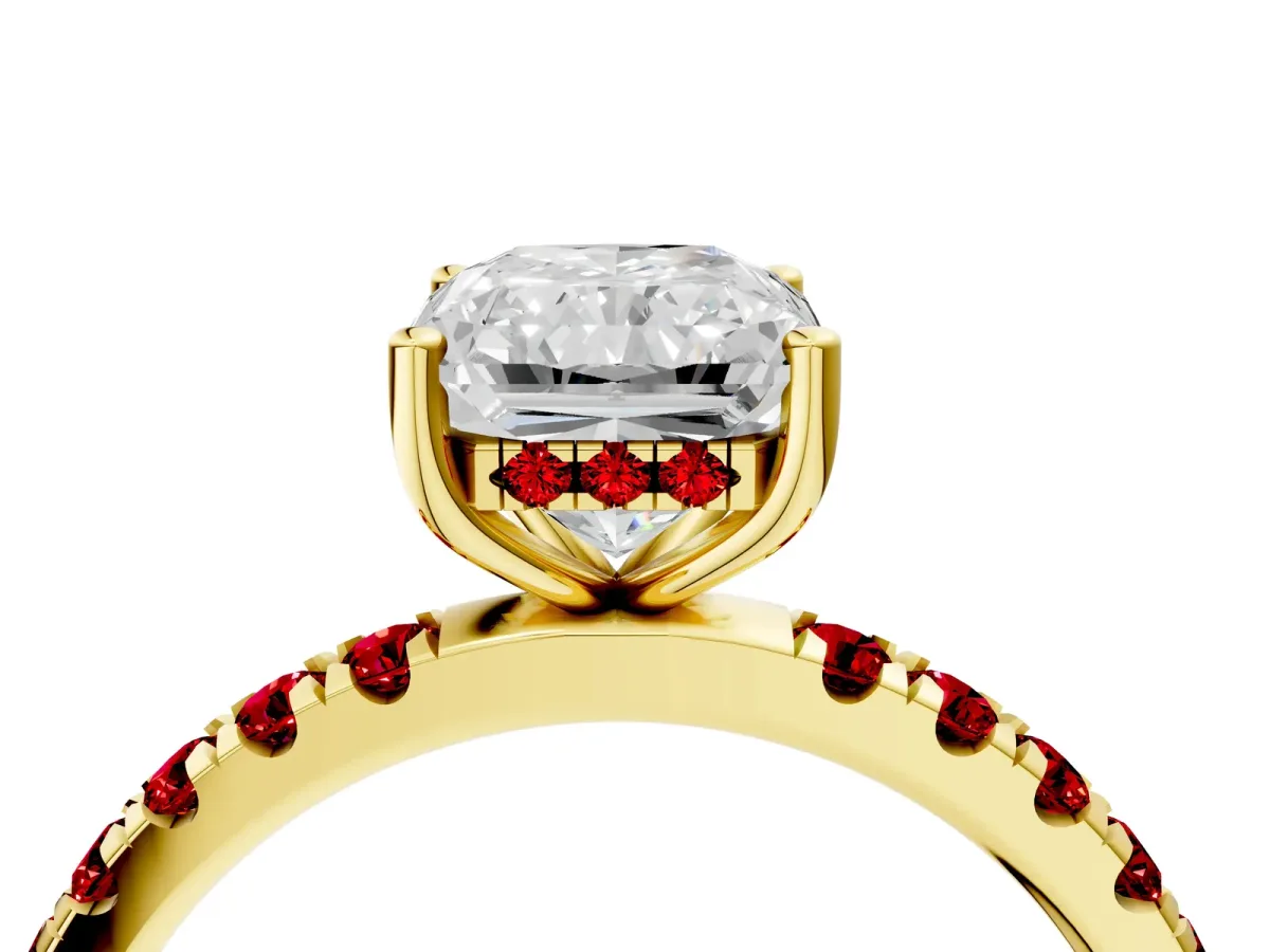 Radiant Cut Diamond Pave Band Solitaire Ring with Round Ruby and Prong Setting Yellow gold