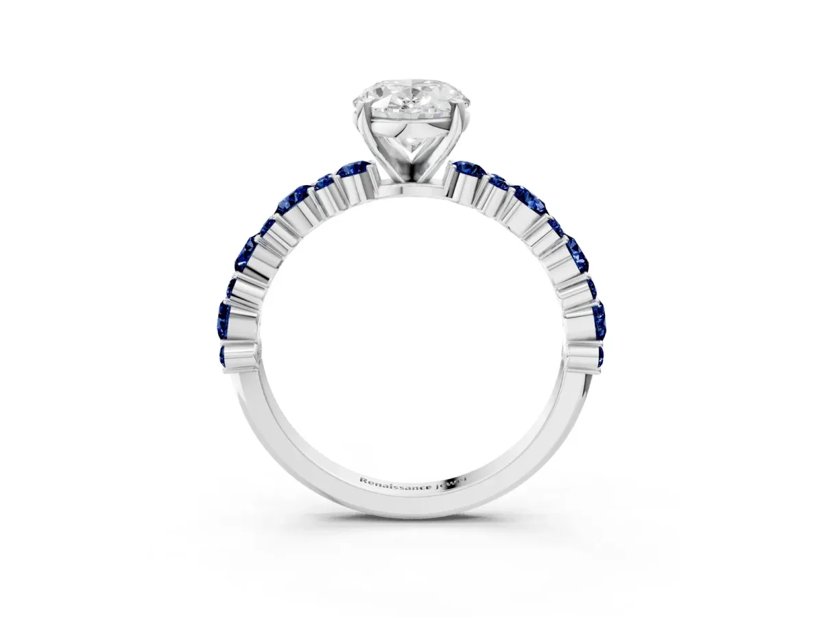 Oval Cut Diamond Side Stone Solitaire Ring with Round Blue Sapphire and Four-Prong Setting Silver