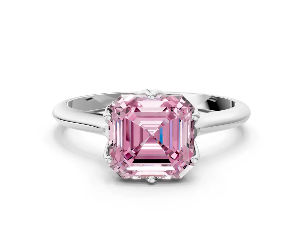 Fancy Pink Asscher Cut Solitaire Cathedral Diamond Ring with Six-Prong Setting Platinum