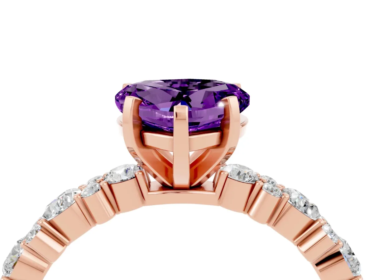 Heart Cut Amethyst Side Stone Solitaire Ring with Round and Four-Prong Setting Rose gold