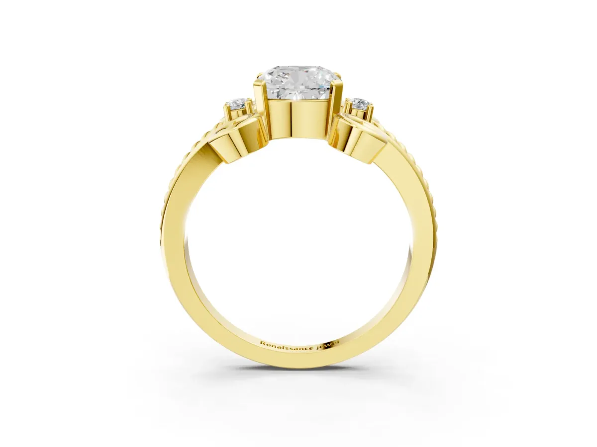 Cushion Cut Solitaire Twisted Band Scroll Prong Ring Yellow gold