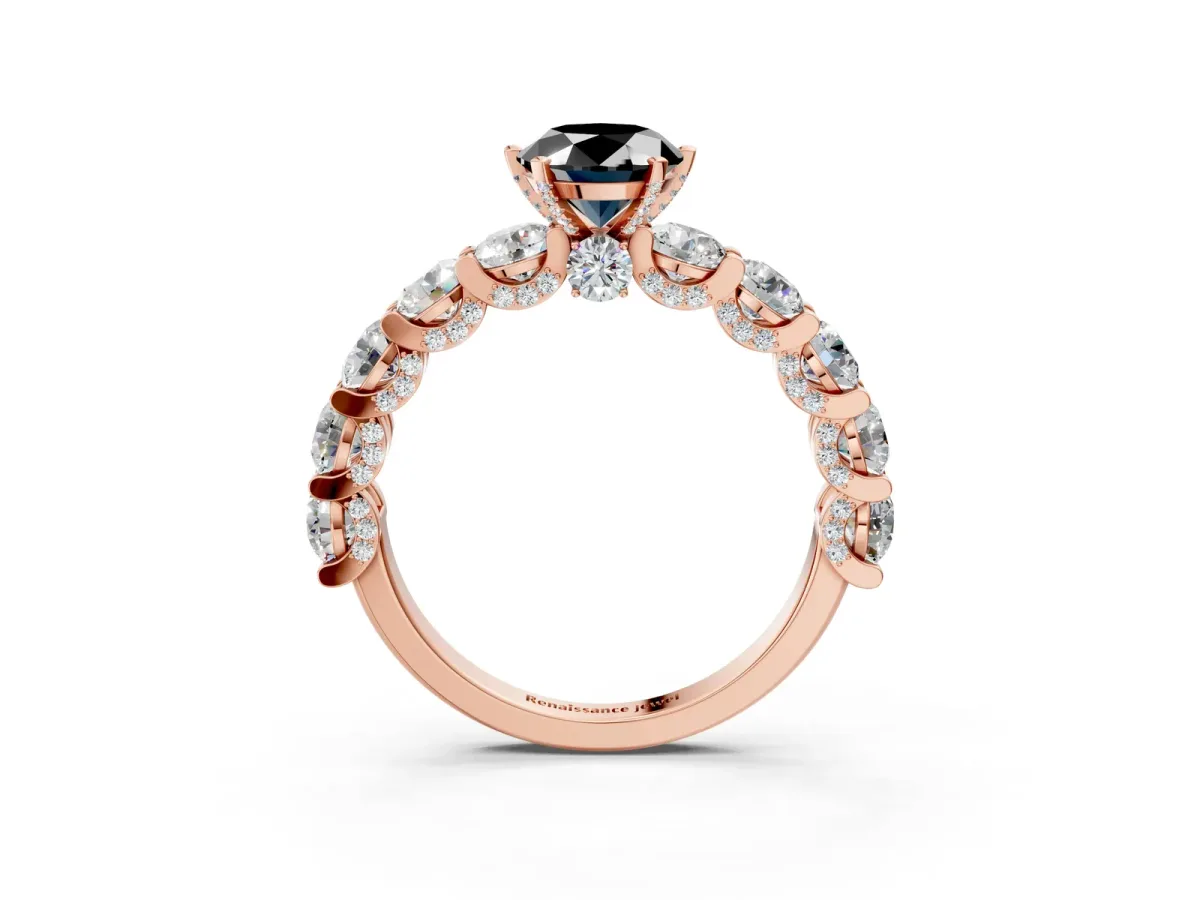 Fancy Black Oval Cut Diamond Side Stone Engagement Ring with Four-Prong Setting Rose gold