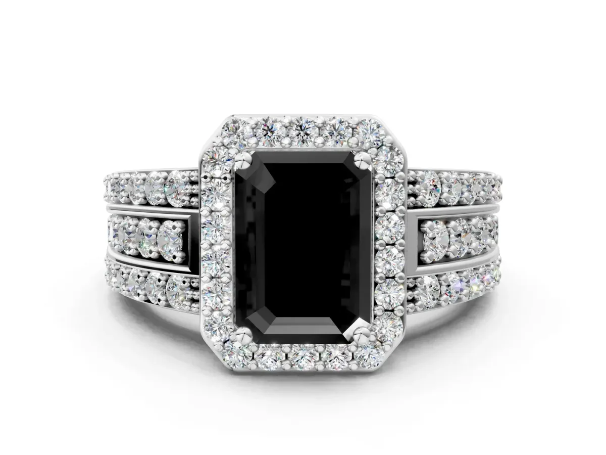 Fancy Black Emerald Cut Halo Diamond Ring with Round Split Shank and Prong Setting Platinum