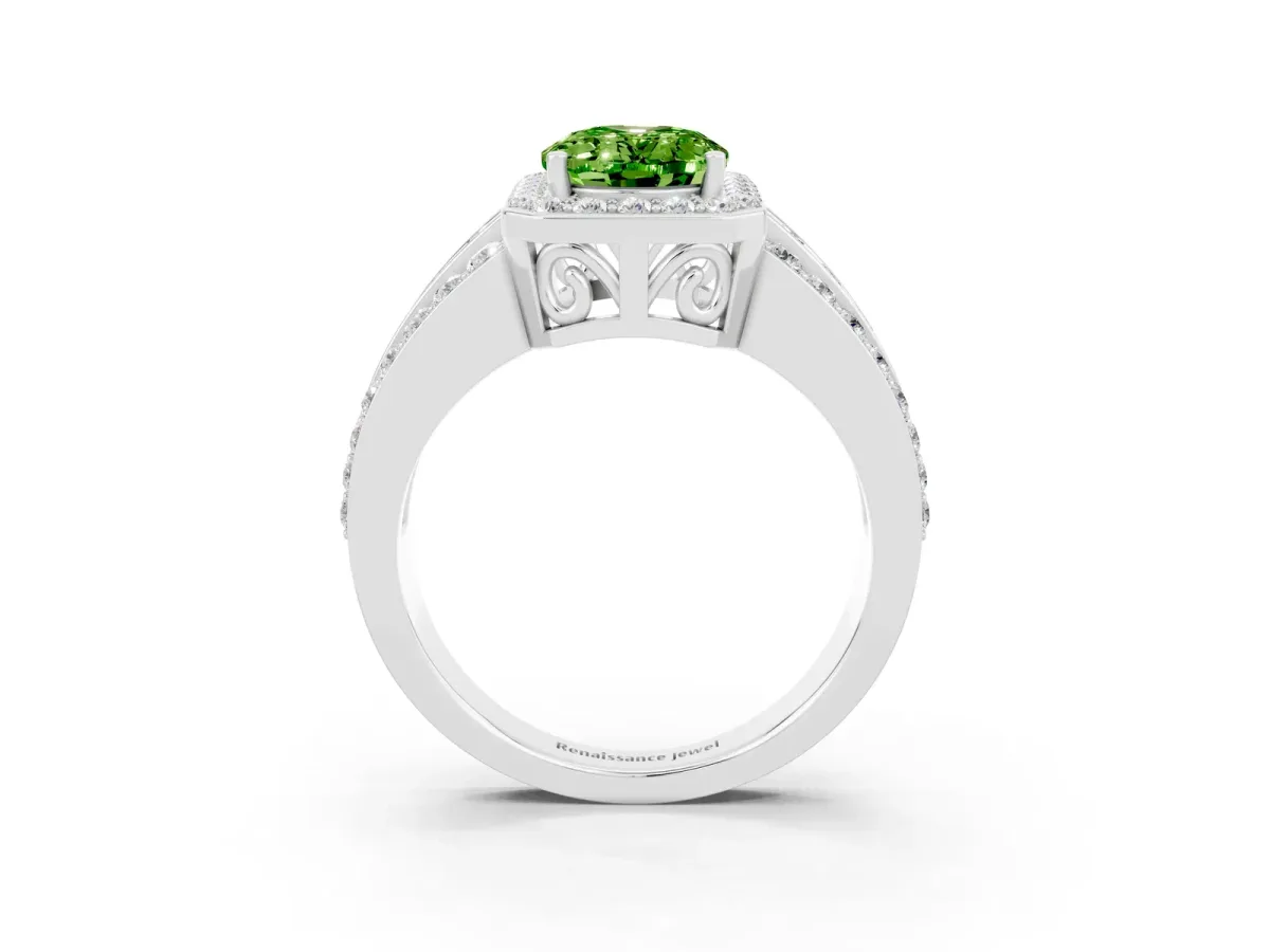 Oval Cut Halo Peridot Ring with Round Split Shank and Prong Setting Silver