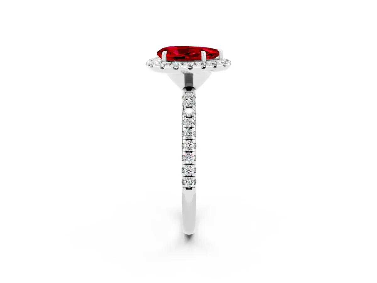 Pear Cut Ruby Halo Ring with Round Pavé Band and Prong Setting Platinum