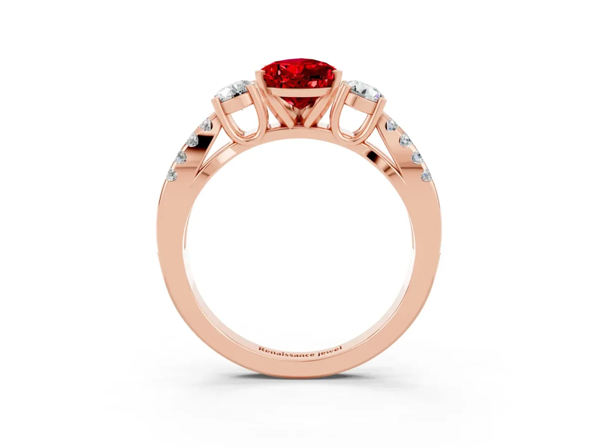 Pear Cut Ruby Three-Stone Ring with Pavé Split Shank and Four-Prong Setting Rose gold