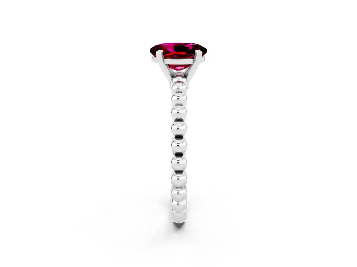 Oval Cut Garnet Solitaire Ring with Beaded Band and Prong Setting Silver