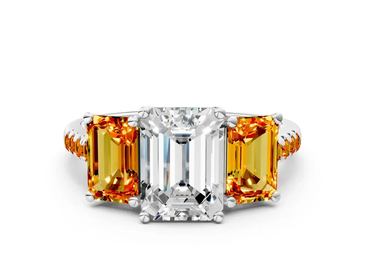 Three-Stone Emerald Cut Diamond Ring with Round Citrine Pavé Band and Prong Setting Silver