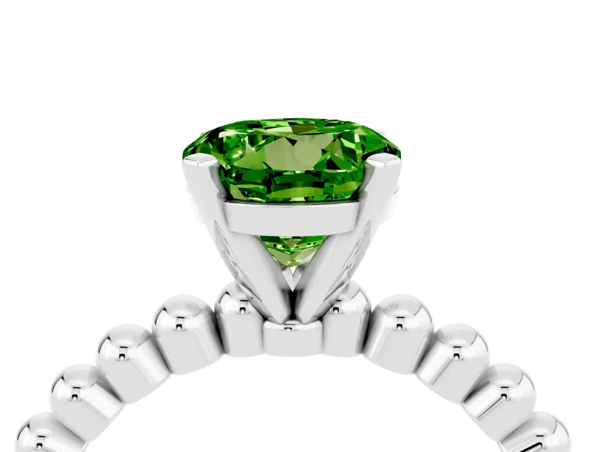 Round Cut Peridot Solitaire Ring with Beaded Band and Prong Setting Silver