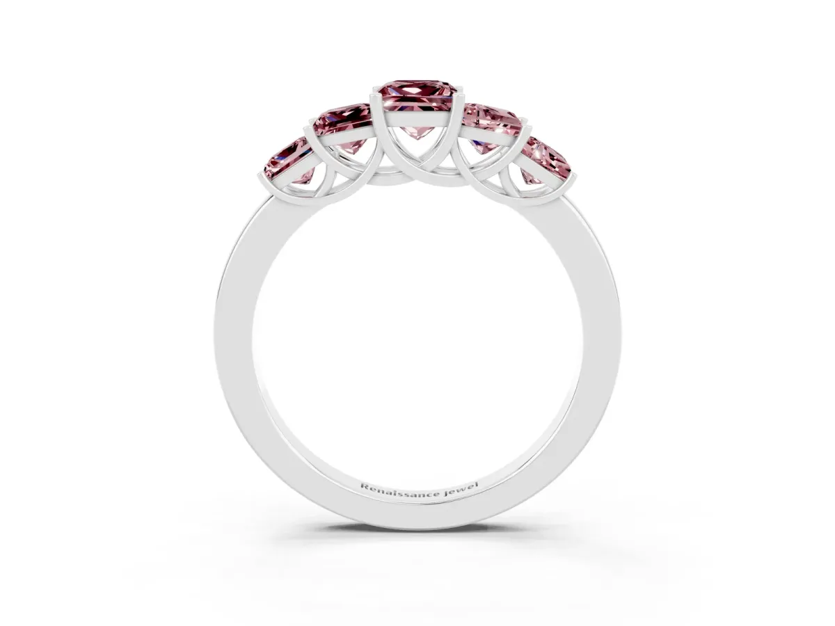 Princess Cut Five-Stone Morganite Ring with Classic Prong Setting White gold