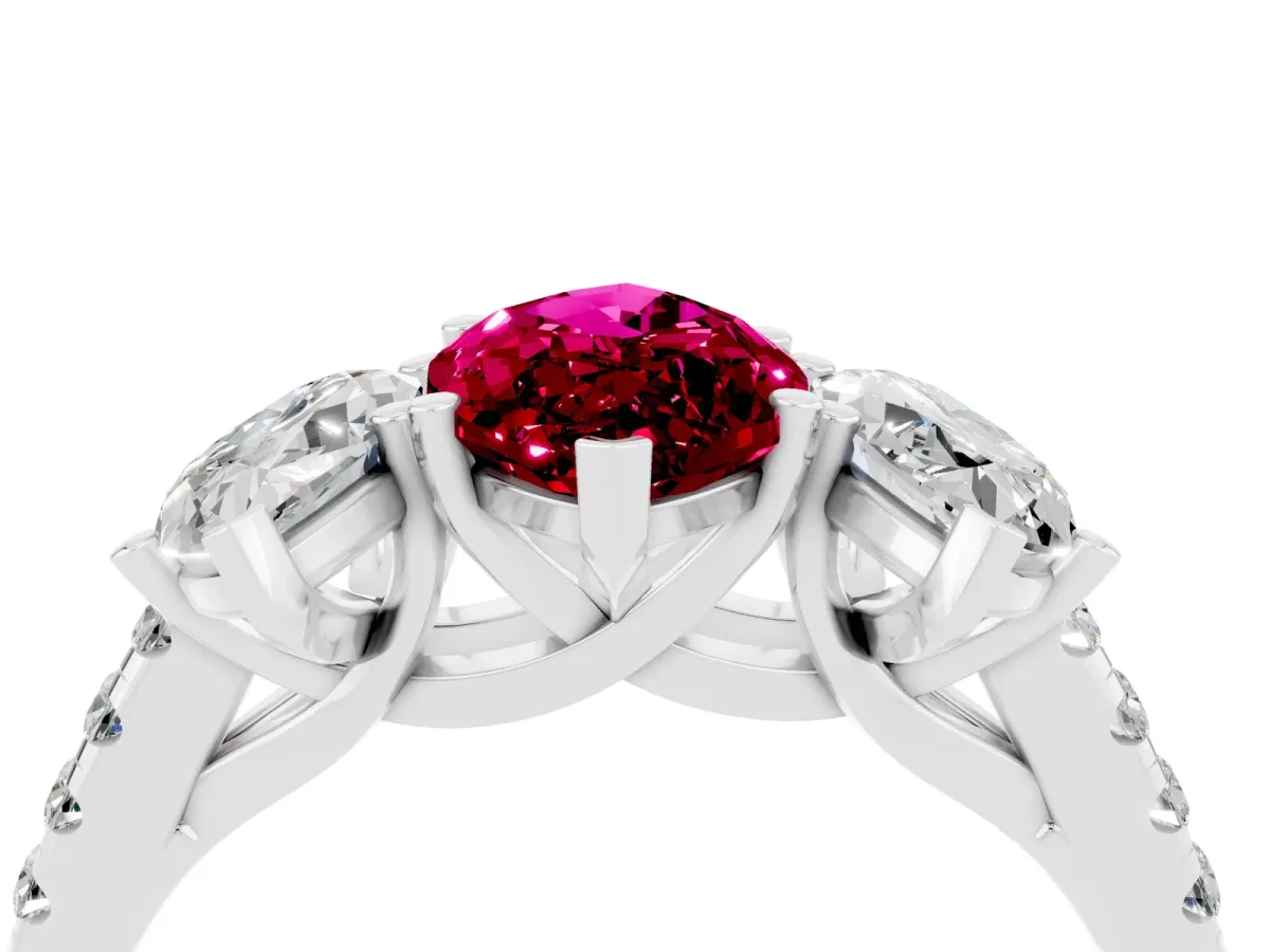 Three-Stone Marquise Cut Garnet Ring with Round Pavé Band and Prong Setting Silver