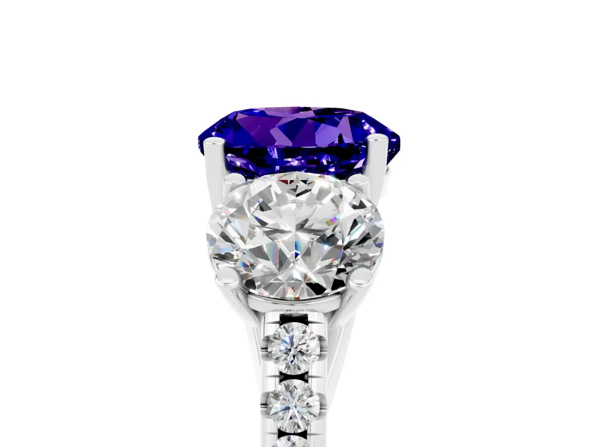 Three-Stone Round Cut Tanzanite Ring with Round Pavé Band and Prong Setting Silver