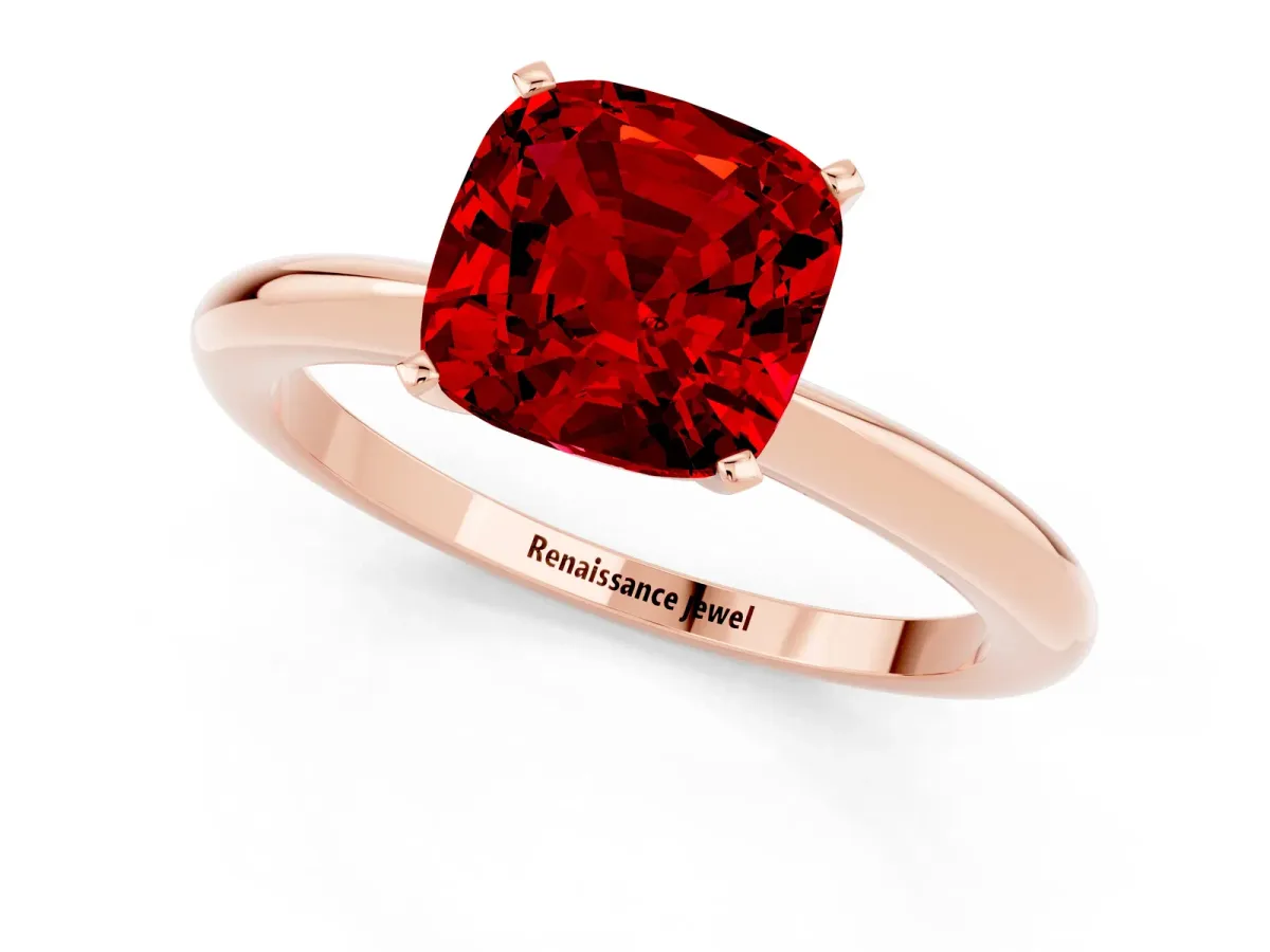 Cushion Cut Ruby Solitaire Ring with Six-Prong Setting and Classic Band Rose gold