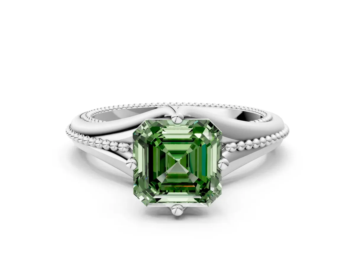 Fancy Green Asscher Cut Solitaire Beaded Band Six-Prong Setting Platinum