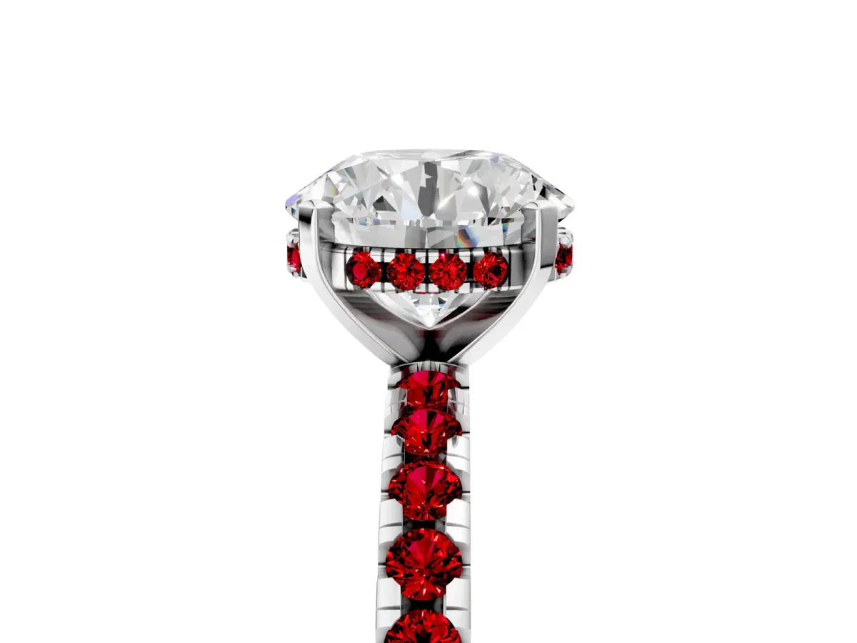 Round Cut Diamond Solitaire Ring with Round Ruby Pavé Band and Four-Prong Setting Silver