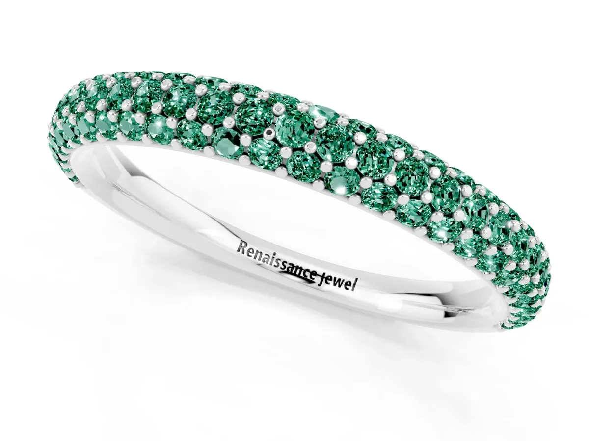 Round Green Sapphire Pavé Eternity Band with Shared Prong Setting Silver