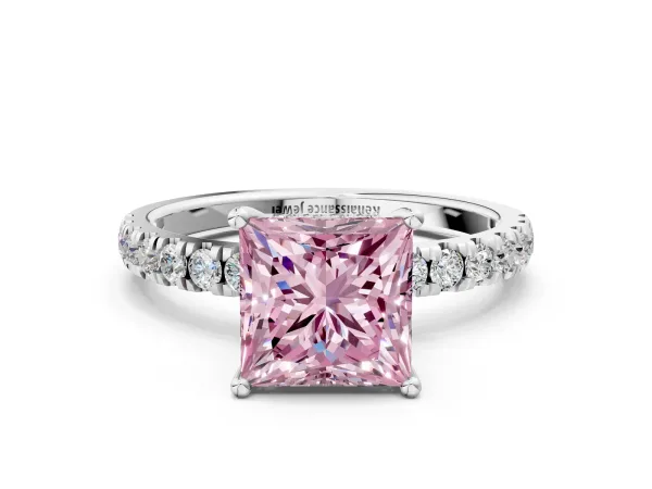 Fancy Pink Princess Cut Diamond Pave Band Solitaire Ring with Round and Prong Setting Platinum