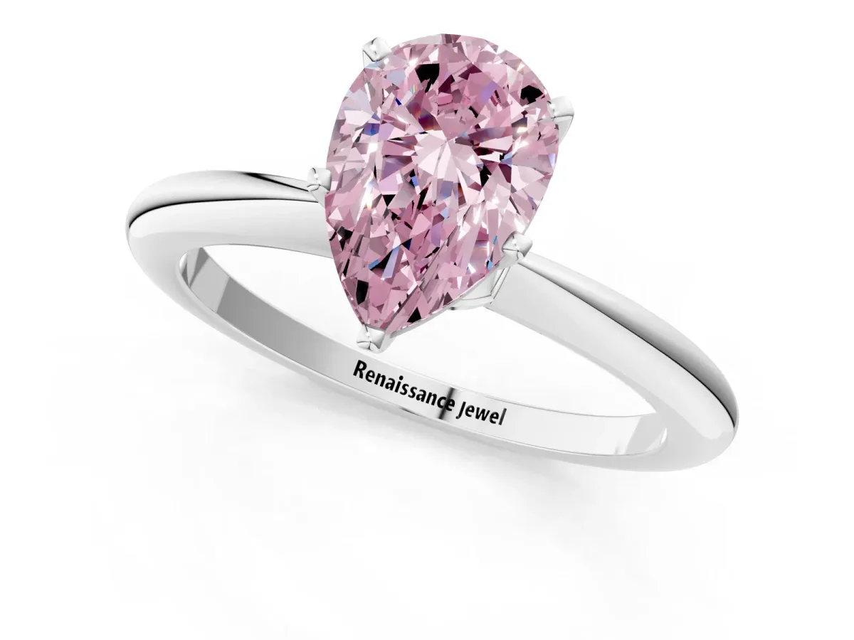 Fancy Pink Pear Cut Diamond Solitaire Ring with Six-Prong Setting and Classic Band Silver
