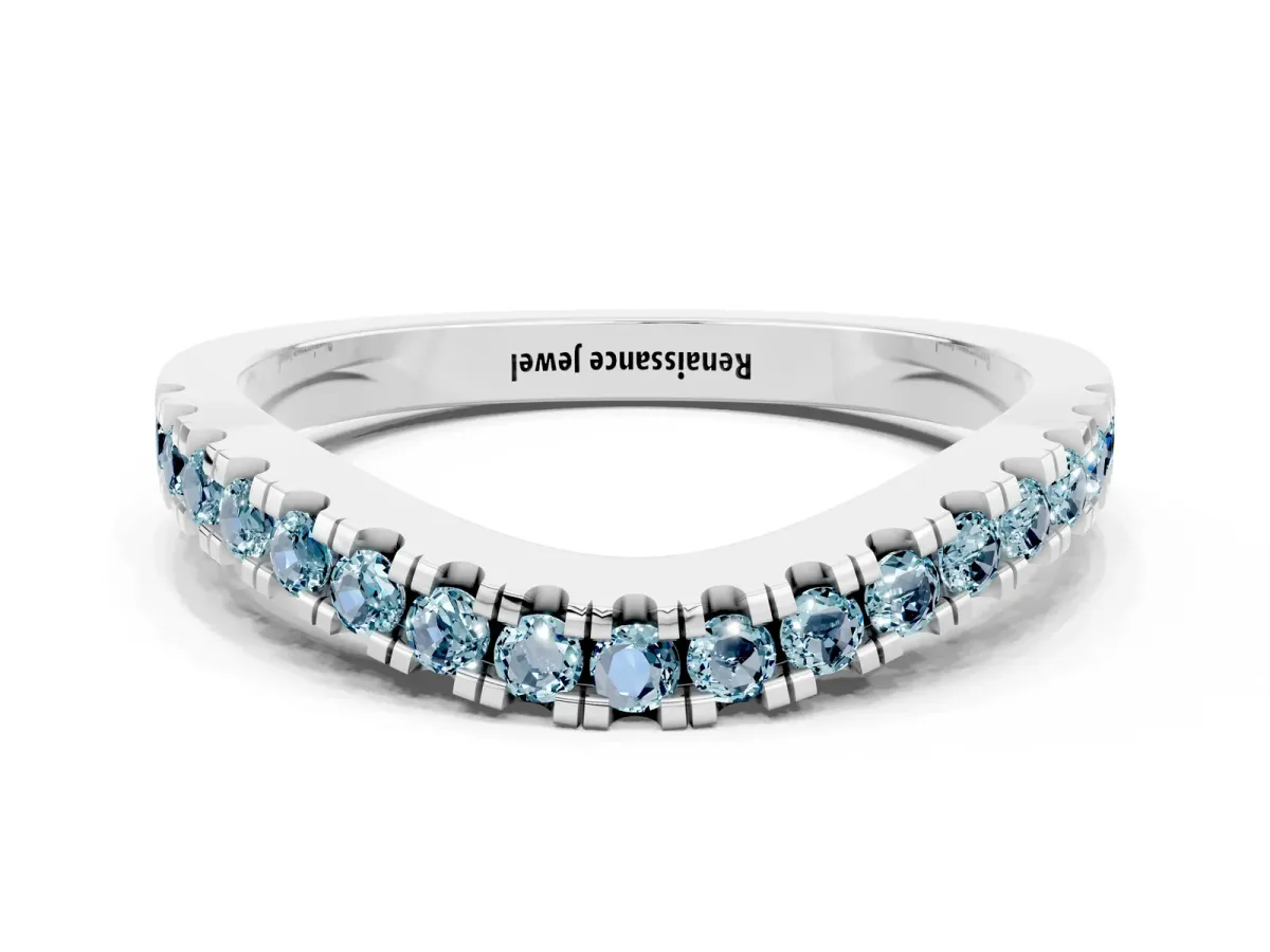 Round Aquamarine Pavé Curved Band with Shared Prong Setting White gold