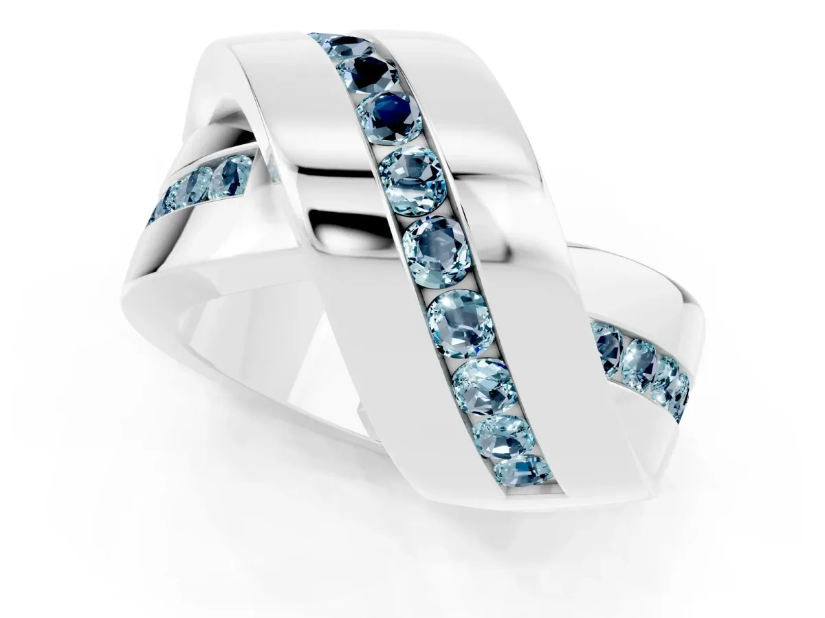 Pavé Round Aquamarine Crossover Band with Channel Setting Silver