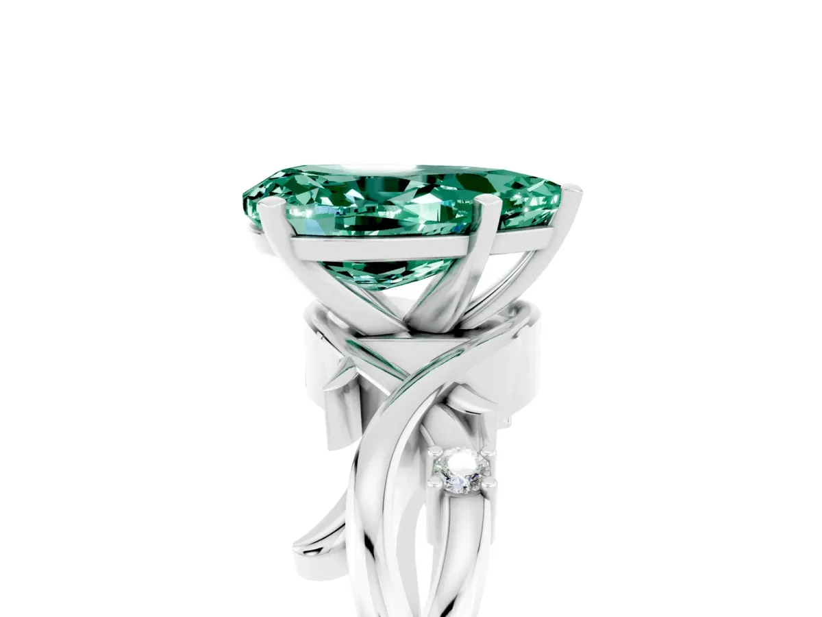 Pear Cut Green Sapphire Solitaire Ring with Twisted Band and Prong Setting Silver