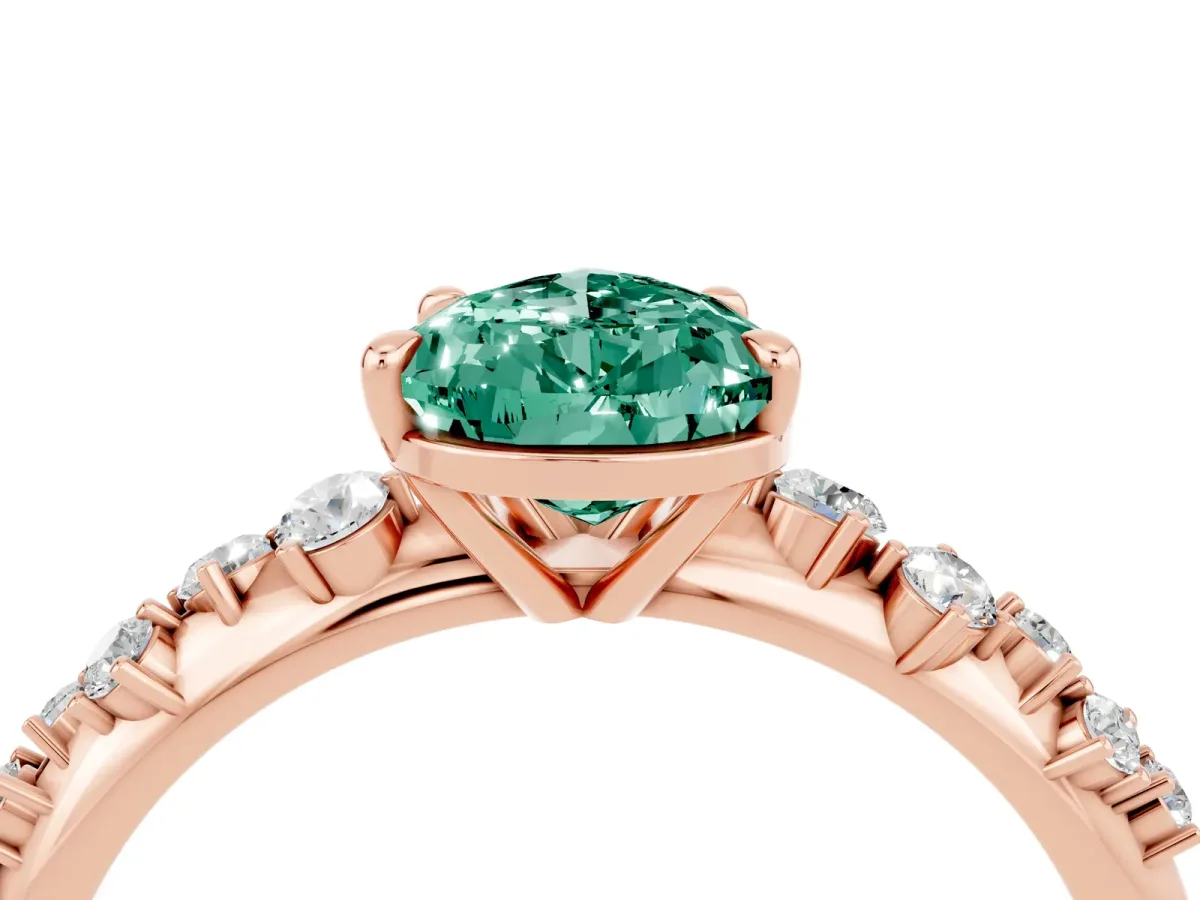 Pear Cut Green Sapphire Cluster Side Stone Solitaire Ring with Prong Setting Rose gold