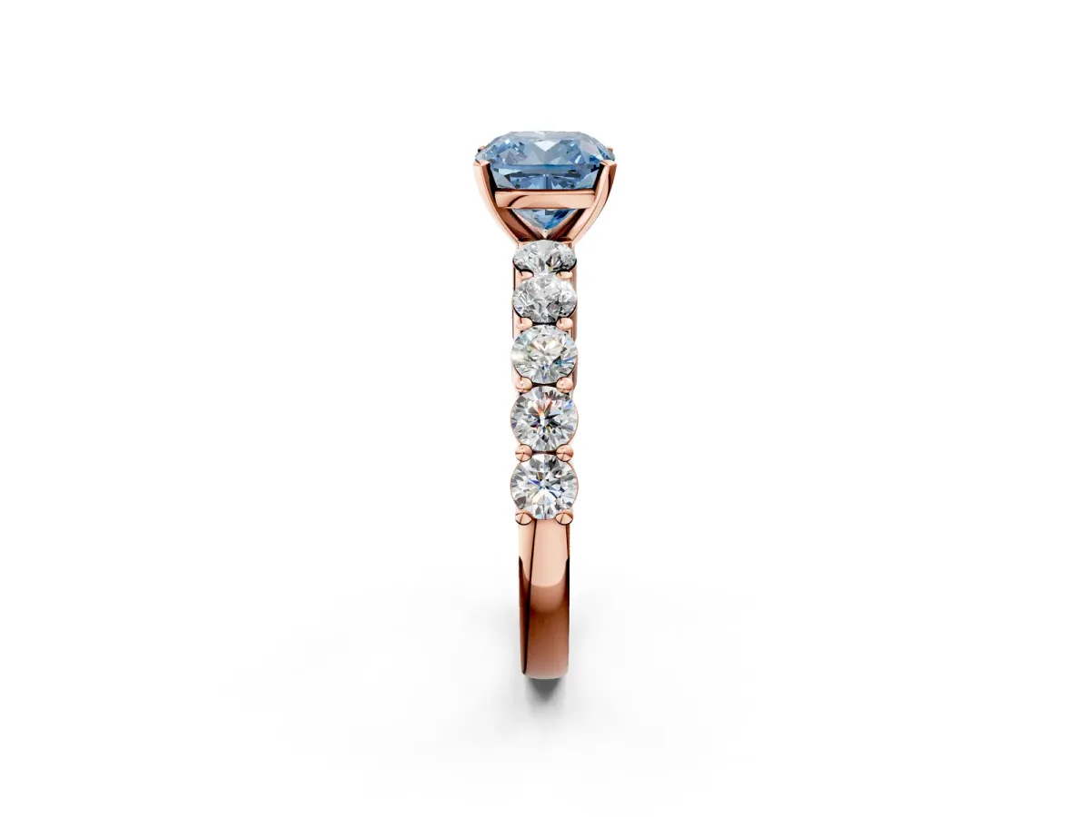 Fancy Blue Cushion Cut Diamond Solitaire Ring with Shared Prong Round Side Stones Rose gold