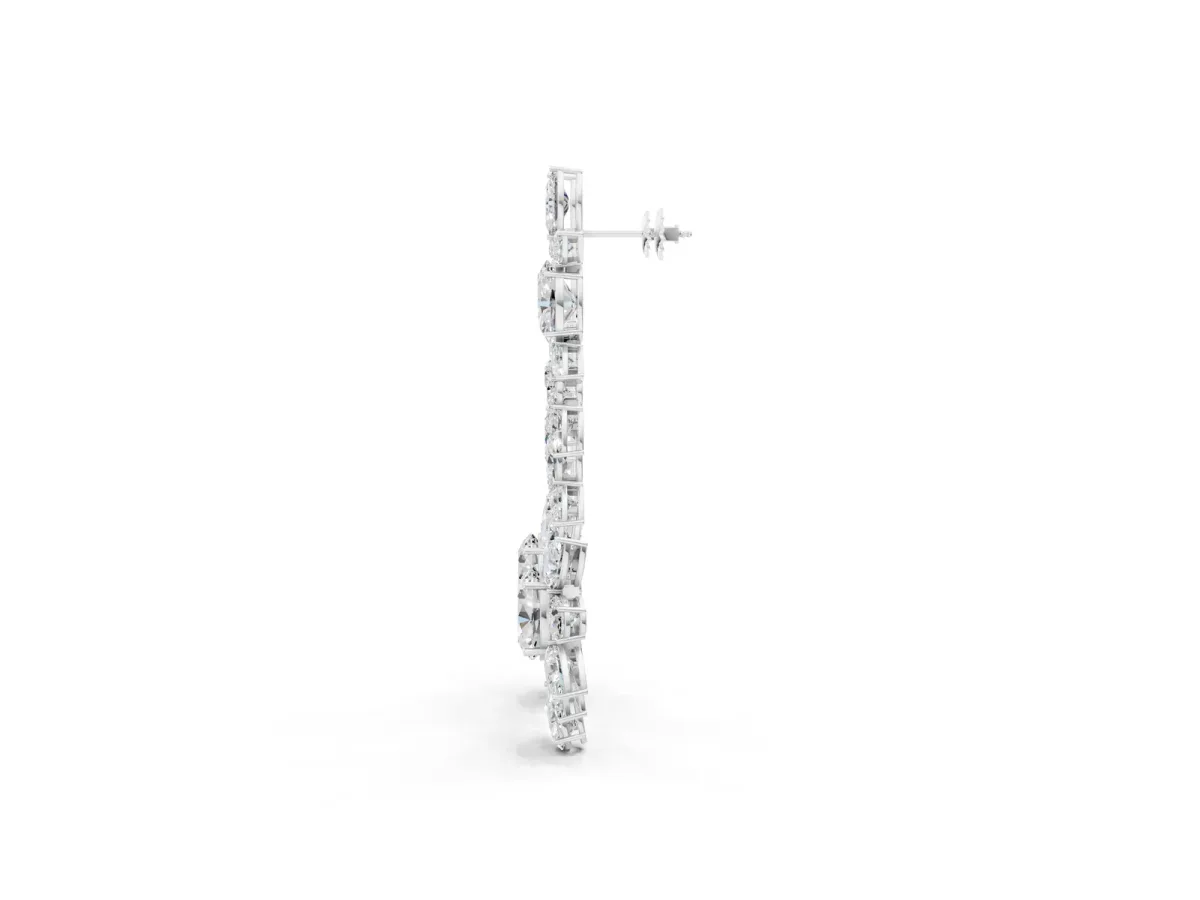 Oval, Pear, Marquise and Round Diamond Floral Cascade Drop Earrings Silver