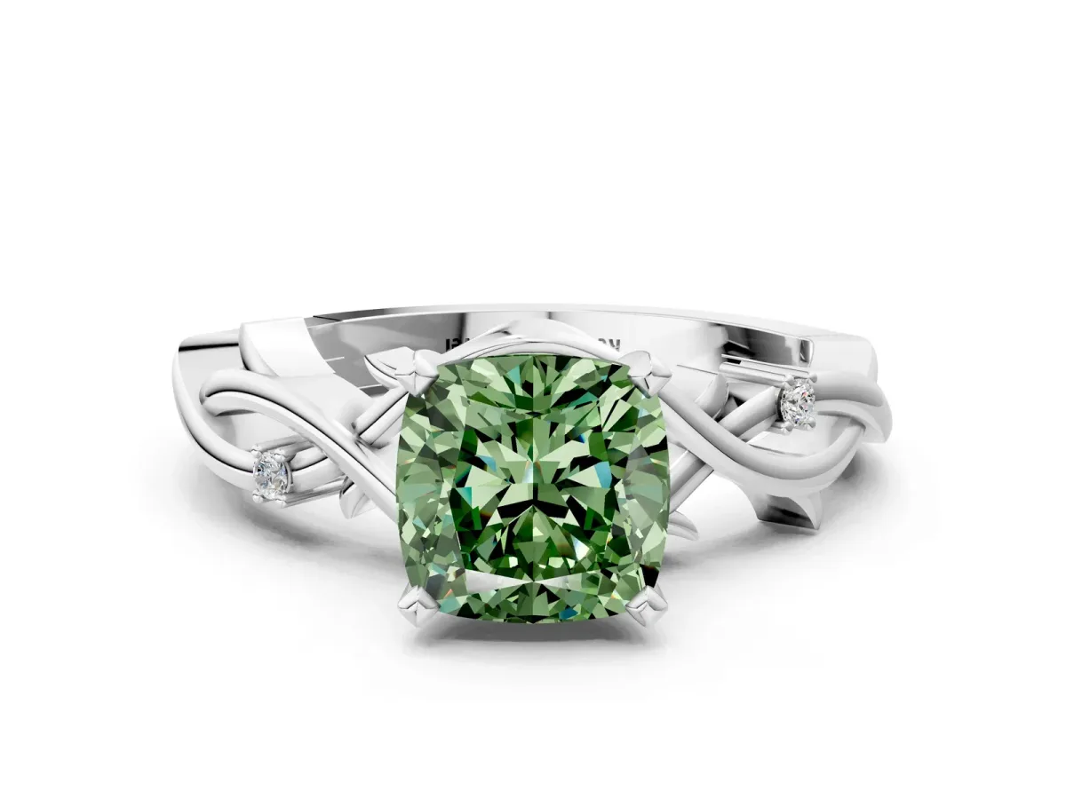 Fancy Green Cushion Cut Diamond Solitaire Ring with Twisted Band and Prong Setting Silver