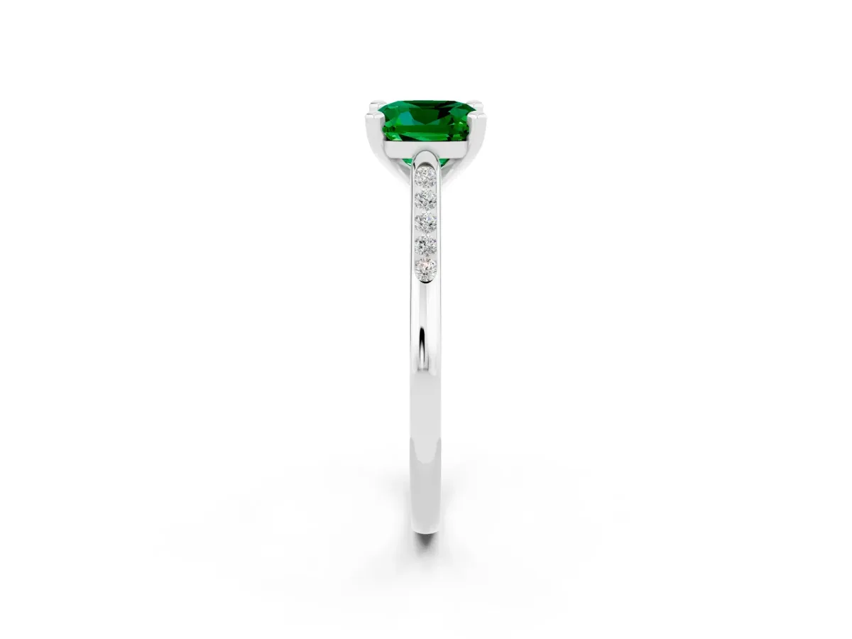 Cushion Cut Emerald Solitaire Ring with Channel Set Round Band and Prong Setting Silver