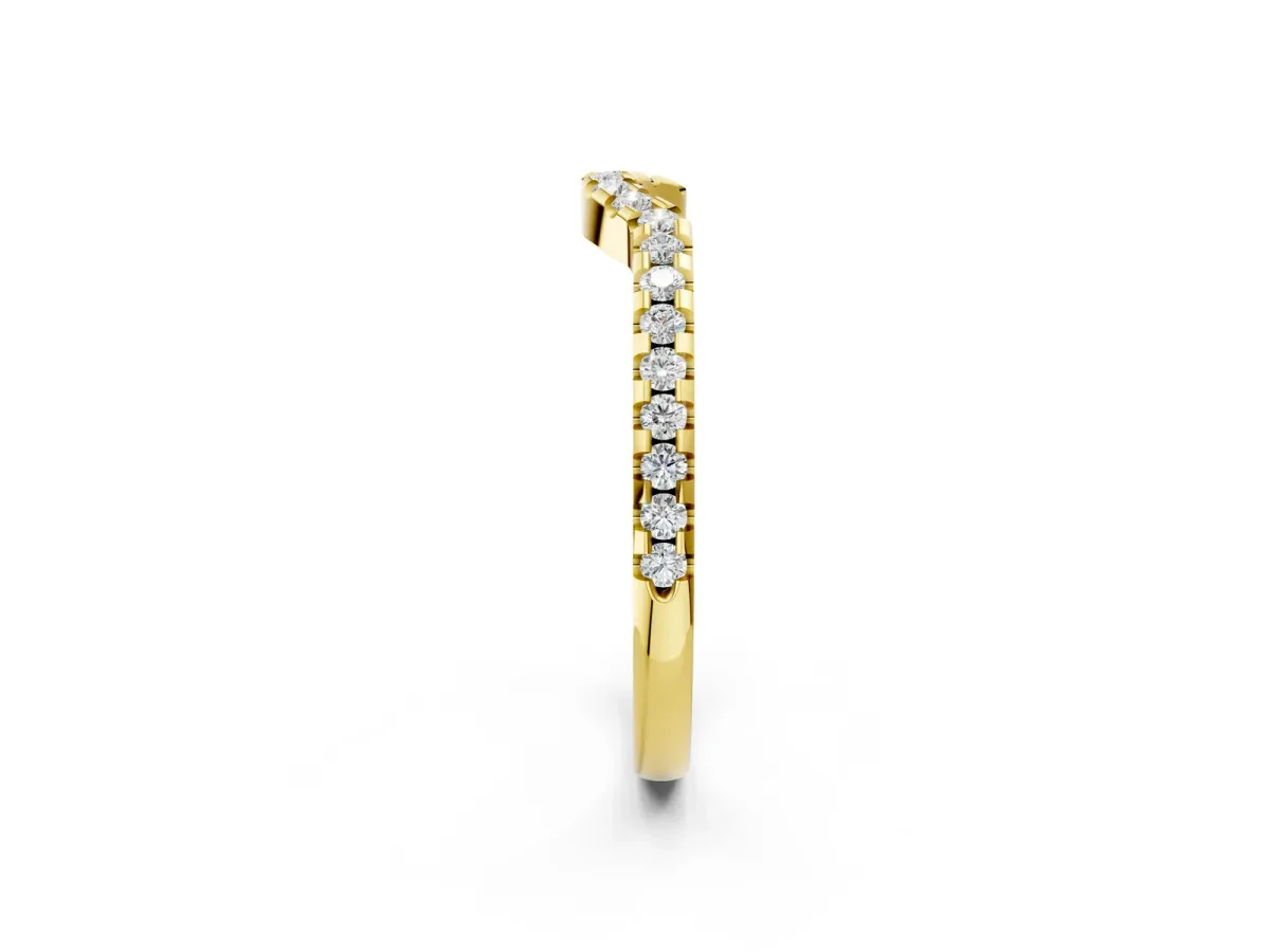 Pavé Round Diamond Curved Wedding Band with Shared Prong Setting Yellow gold