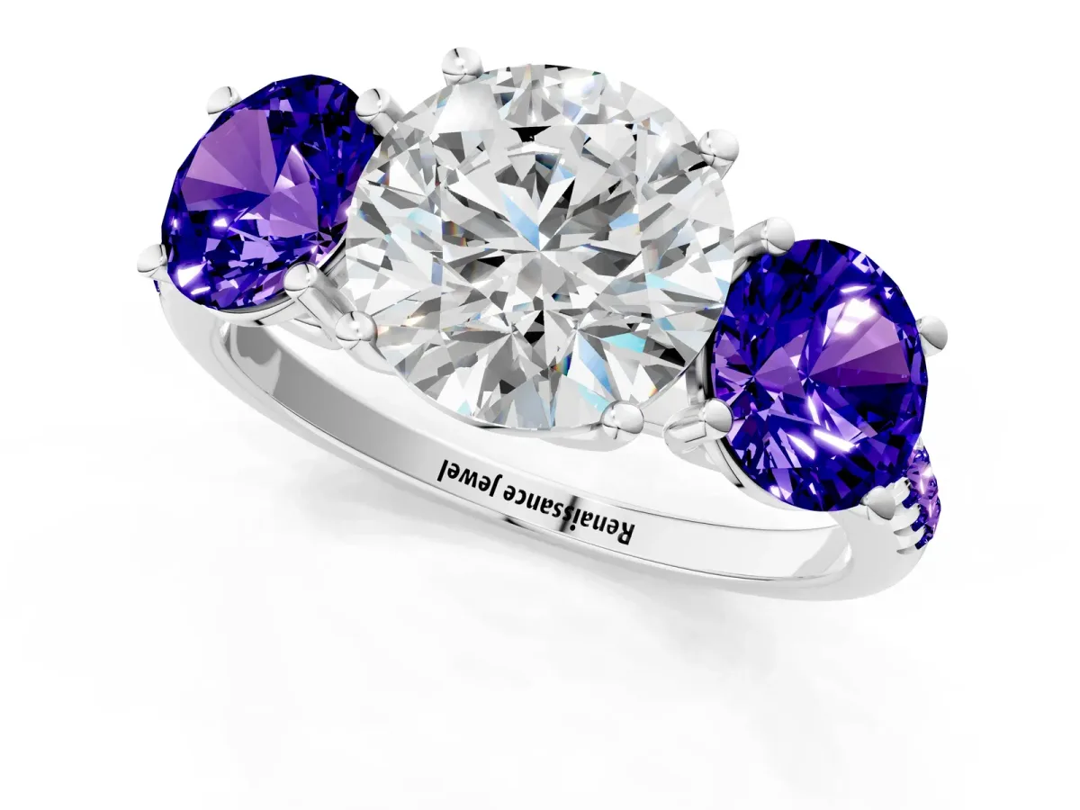 Three-Stone Round Cut Diamond Ring with Round Tanzanite Pavé Band and Prong Setting Silver