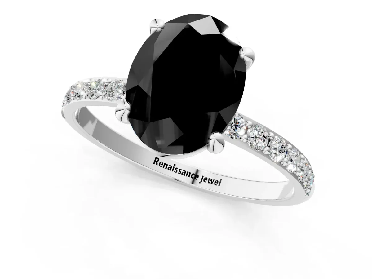 Fancy Black Oval Cut Diamond Solitaire Ring with Round Pavé Band and Prong Setting Silver