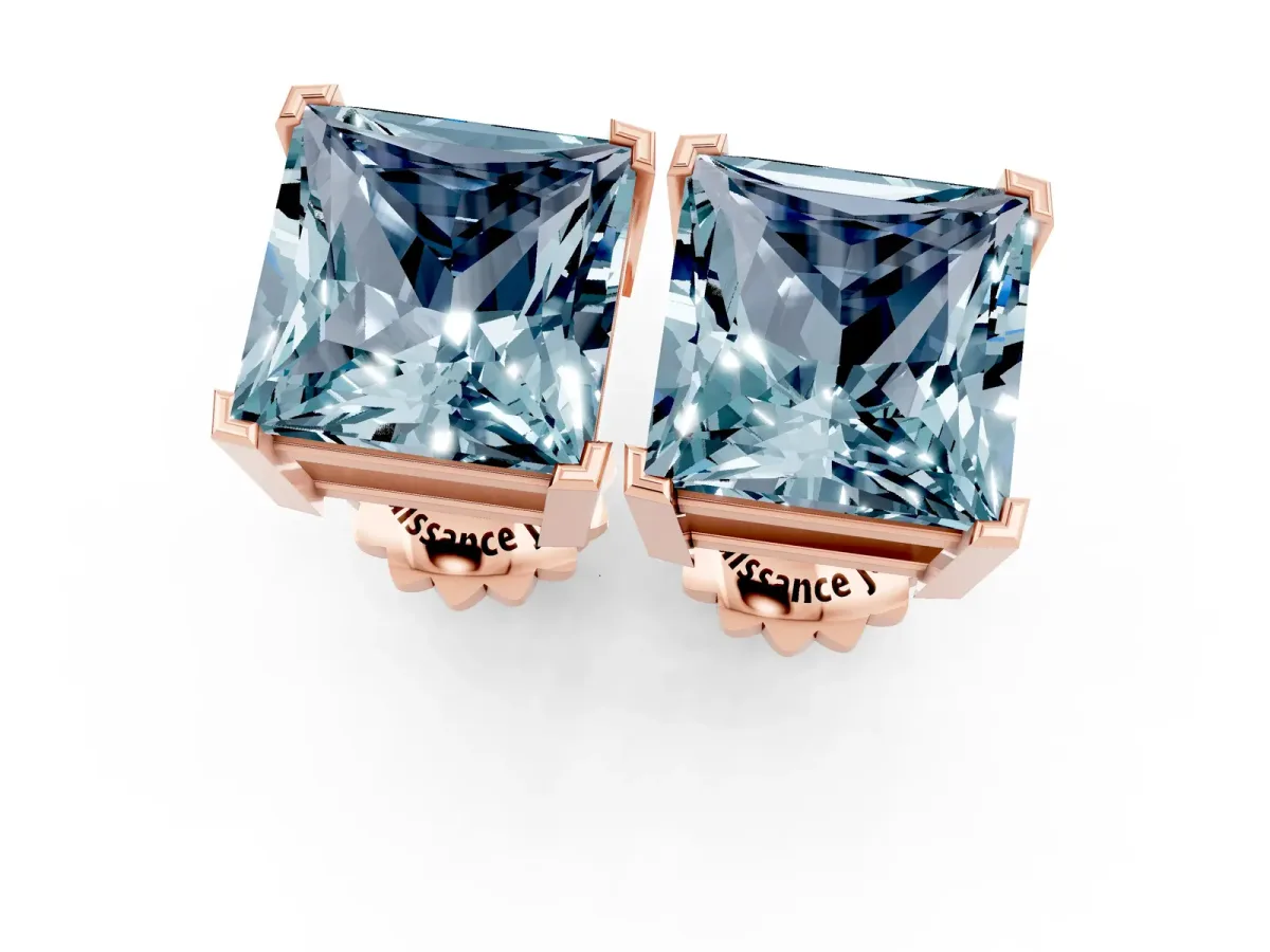 Princess Cut Aquamarine Stud Earrings Rose gold