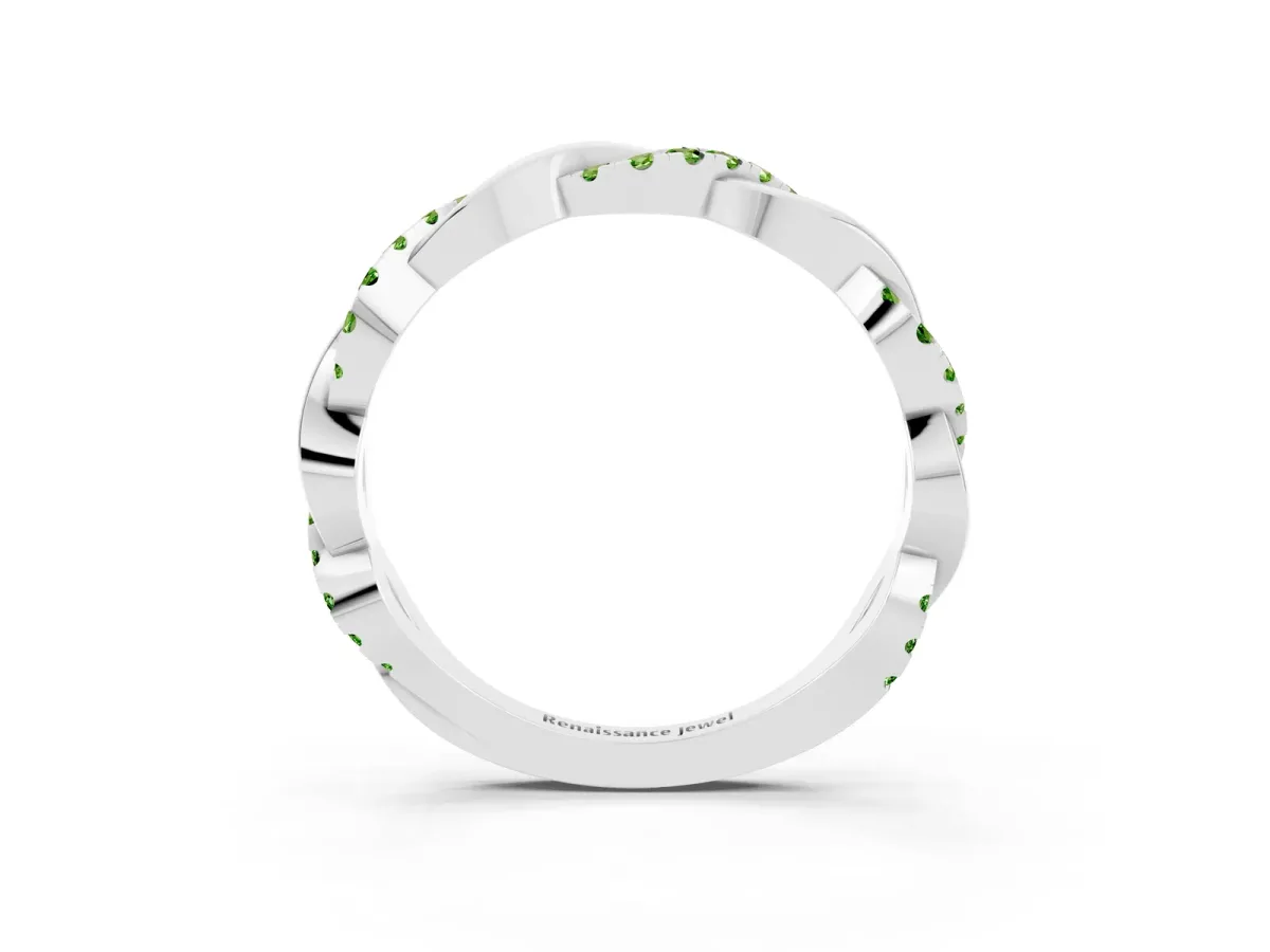 Round Peridot Twist Eternity Band with Pavé Setting Platinum
