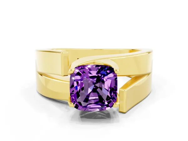 Modern Tension Set Cushion Cut Amethyst Solitaire Wide Band Ring Yellow gold