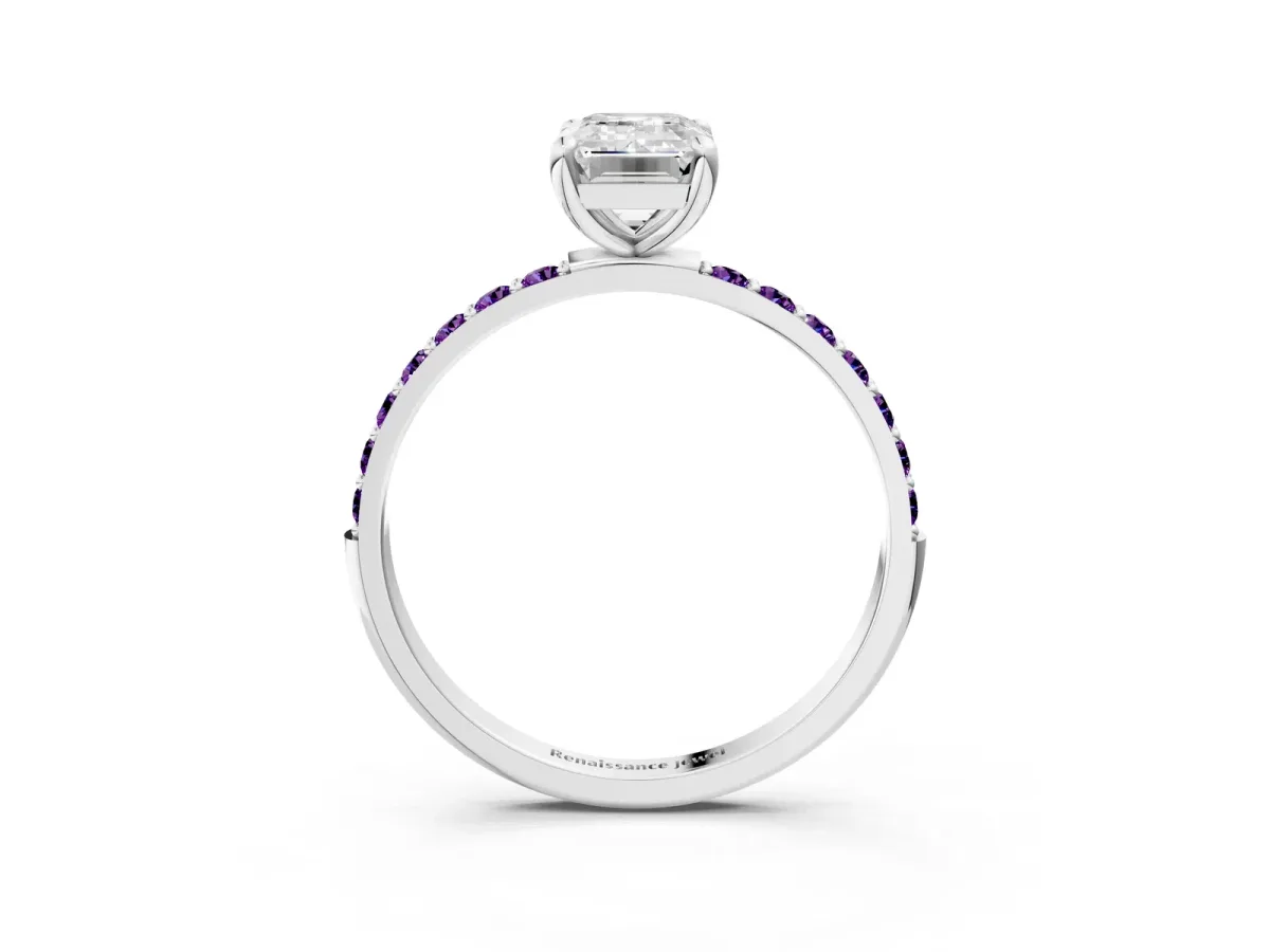 Emerald Cut Diamond Solitaire Ring with Round Amethyst Pavé Band and Prong Setting Platinum